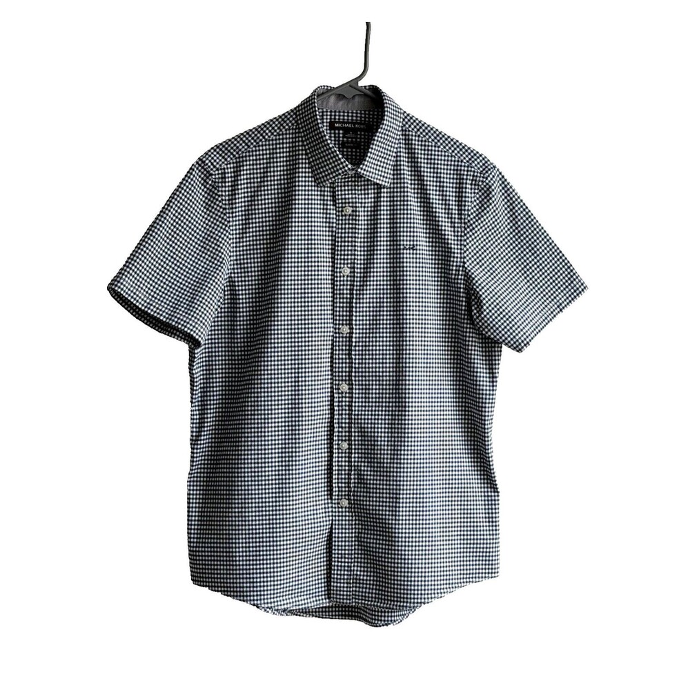 Michael Kors Mens Gingham Short Sleeve Button Down Shirt Size M Navy White